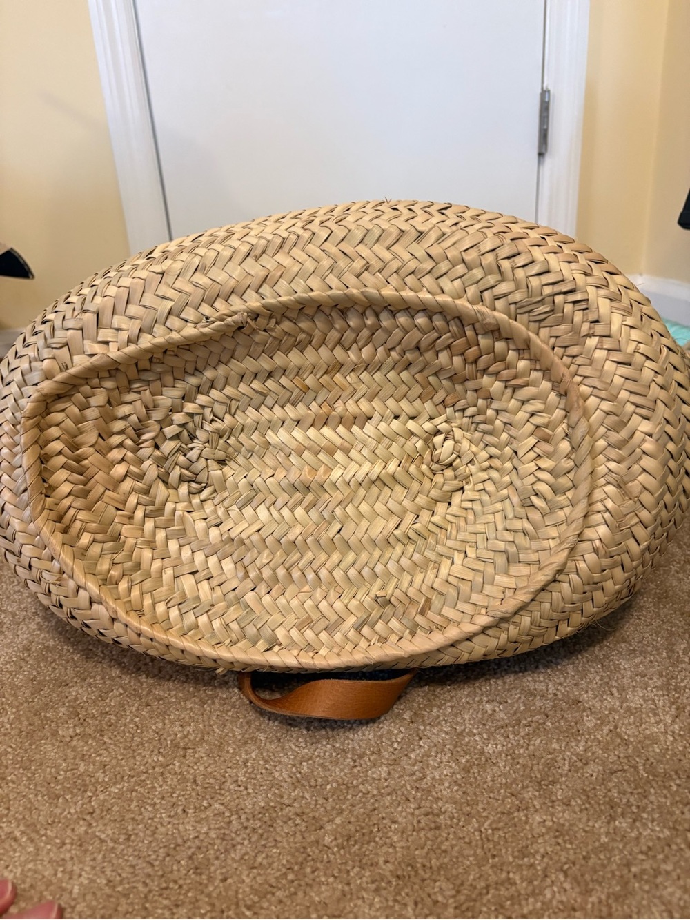 Woven Straw Tote Bag with Brown Leather Handles - Picture 4 of 4